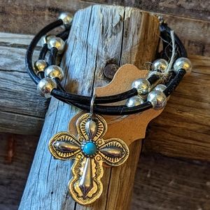 New Handcrafted Black Corded Bracelet With Silver Color Beads and Cross Charm
